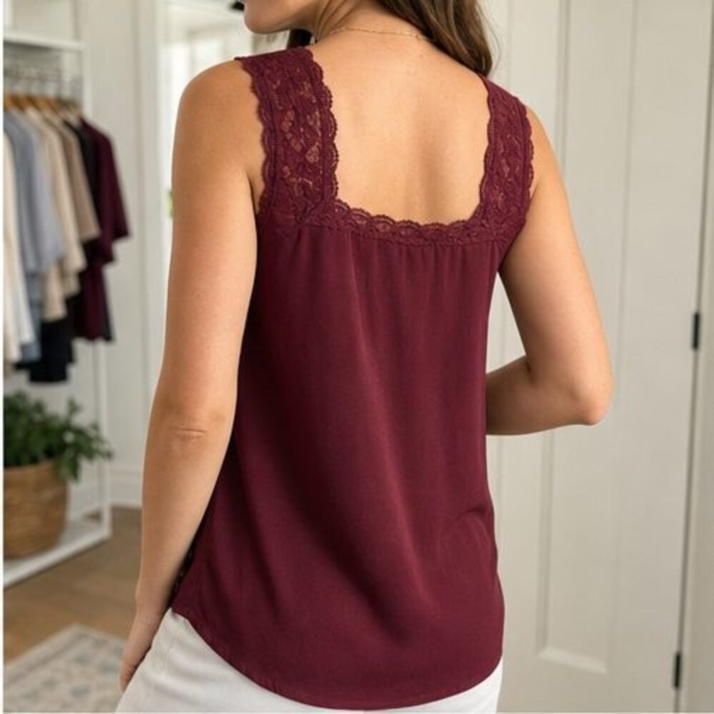 Burgundy Lace Trim Top - Picture 3 of 6